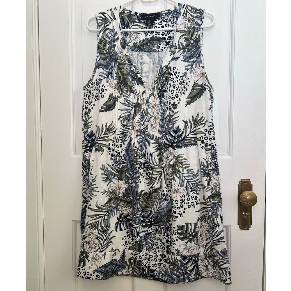 Tahari Linen Botanical Print Sleeveless Mini Dress Button Front Pleats Women's L